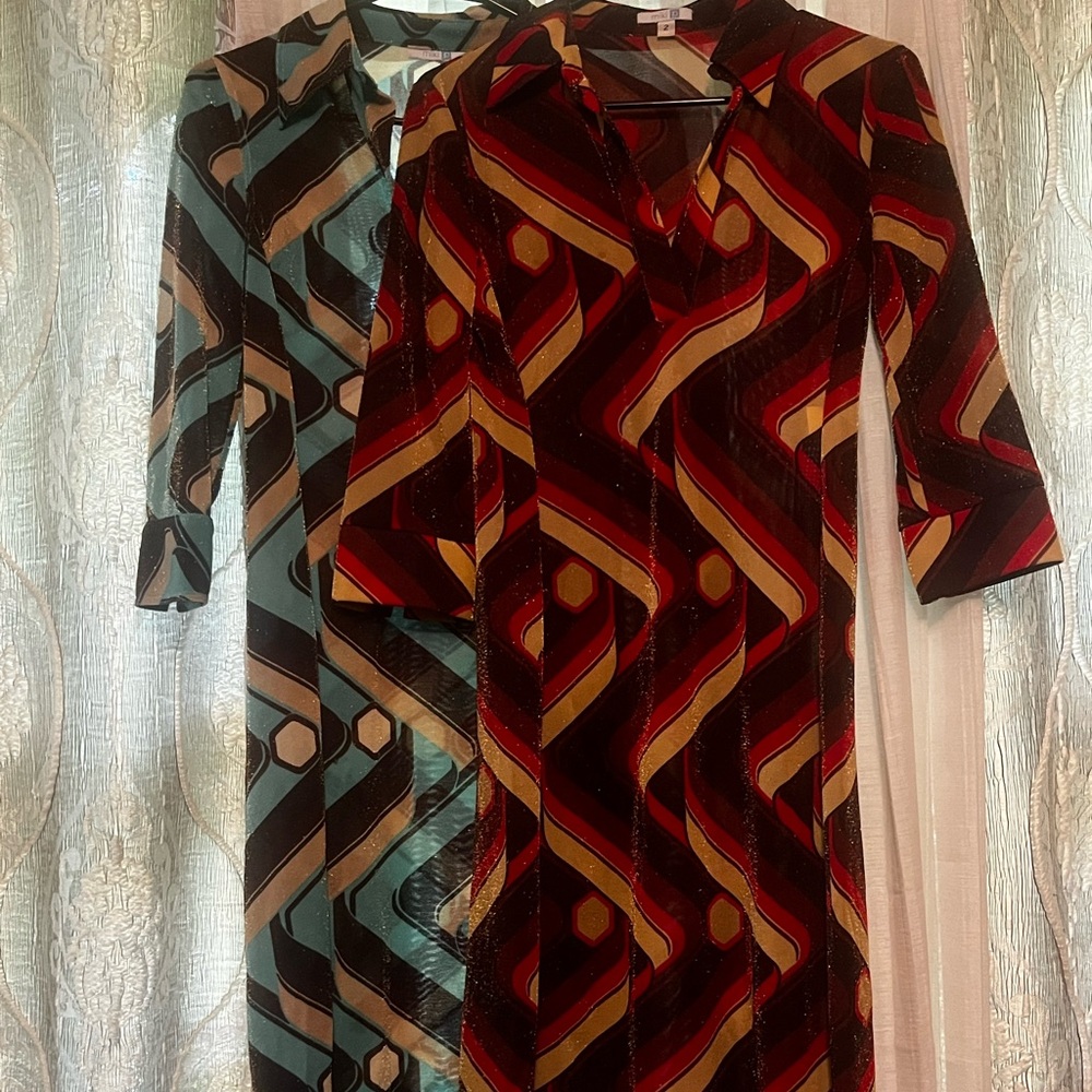 Like New Set of 2 Miki P Colorful, Sheer, Geometric Dresses - Size 2